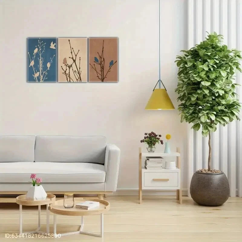 3pcs Birds on a Branch Art Mocha Birds Print Metal Print Ready to Hang Art