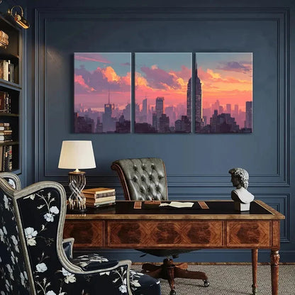 3pcs Cityscape Art Urban Skyline Sunset Glow Metal Print Ready to Hang Art