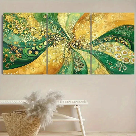 3pcs Bohemian Golden and Green Wall Art Set Canvas Framed 50x70cm - High Quality Print 100% Australian Made Wall Canvas Ready to Hang