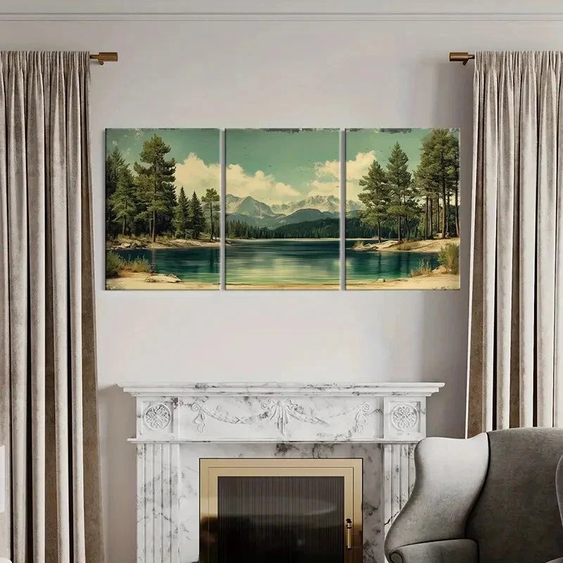 3pcs Mountain Lake Pine Trees Snowy Peak Metal Print Ready to Hang Art