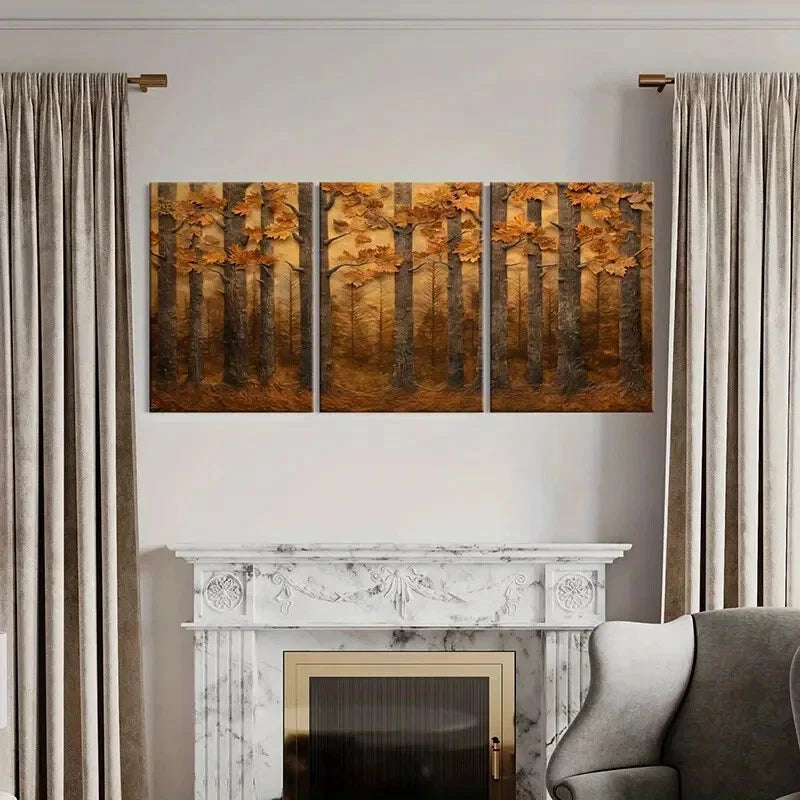3pcs Autumn Forest Landscape Warm Tones Metal Print Ready to Hang Art