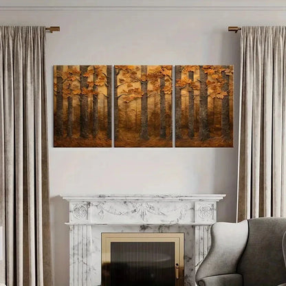 3pcs Autumn Forest Landscape Warm Tones Metal Print Ready to Hang Art
