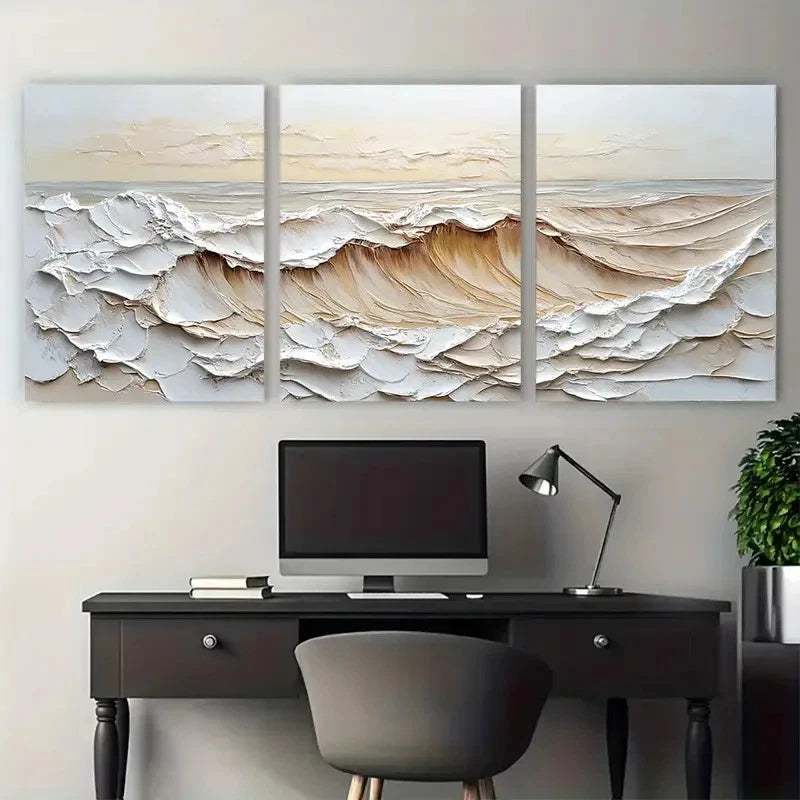 3pcs White Textured Sea waves Abstract Design Metal Print Ready to Hang Art