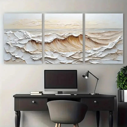 3pcs White Textured Sea waves Abstract Design Metal Print Ready to Hang Art