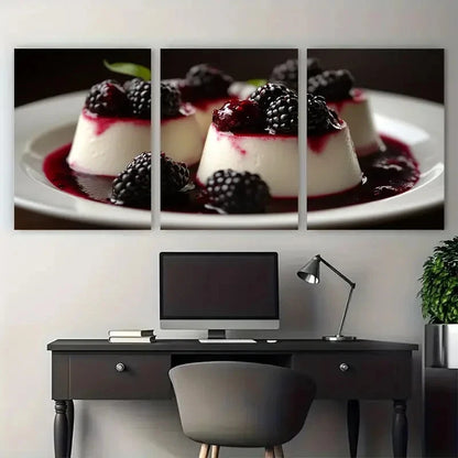 3pcs Vanilla Panna Cotta Dessert with Blackberry Metal Print Ready to Hang Art