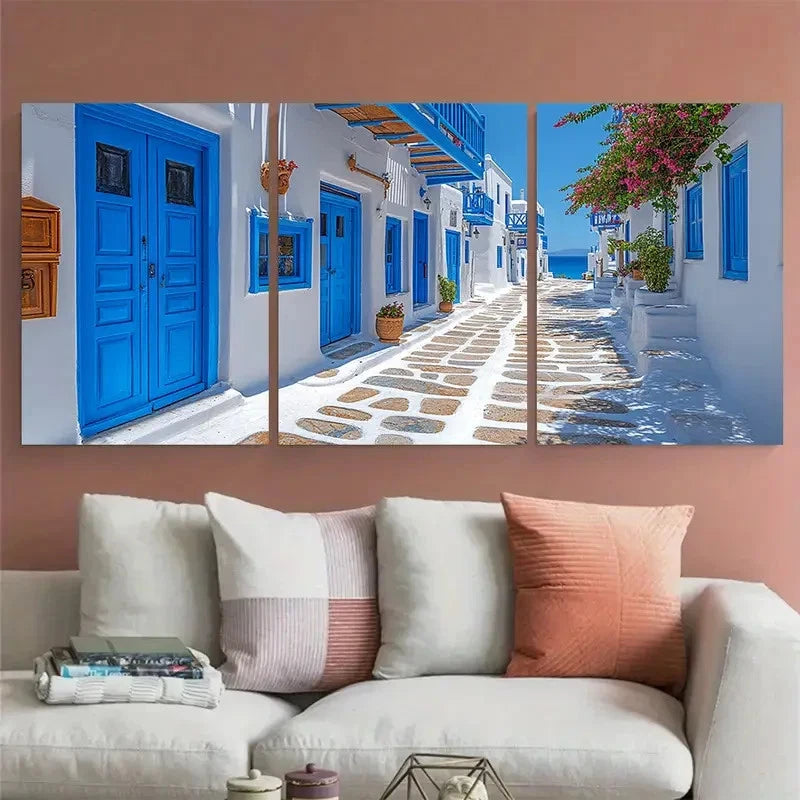 3pcs Street with Blue doors Mykonos Island Greece Metal Print Ready to Hang Art