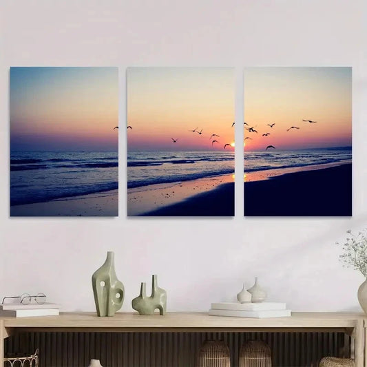 3pcs Beach Sunset Triptych Ocean & Birds Scene Metal Print Ready to Hang Art