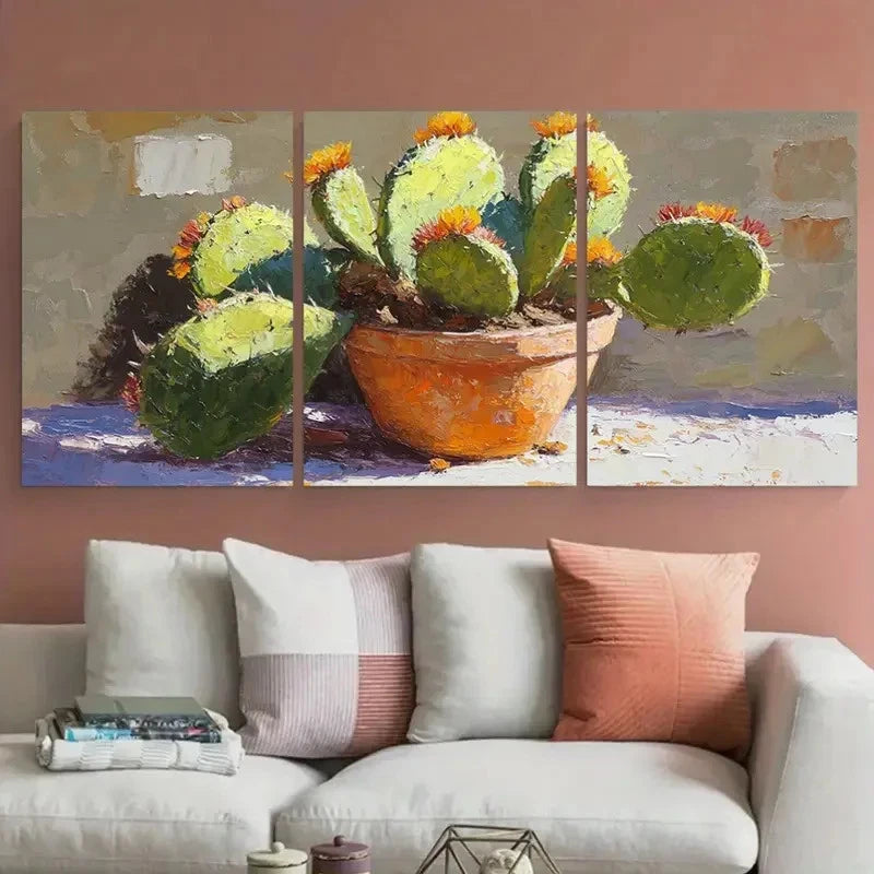 3pcs Vibrant Cactus in Pot Mexican Garden Metal Print Ready to Hang Art
