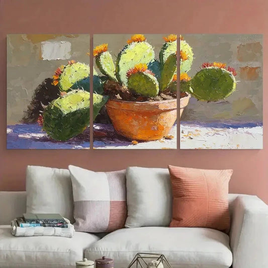 3pcs Vibrant Cactus in Pot Mexican Garden Metal Print Ready to Hang Art