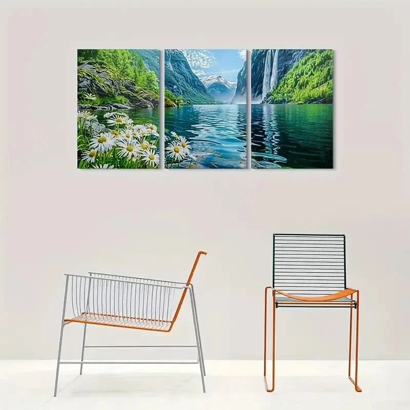 3pcs Nature Waterfall Mountain Daisy Flowers Wall Art Set Canvas Framed 40x60cm - High Quality Print 100% Australian Made Wall Canvas Ready to Hang
