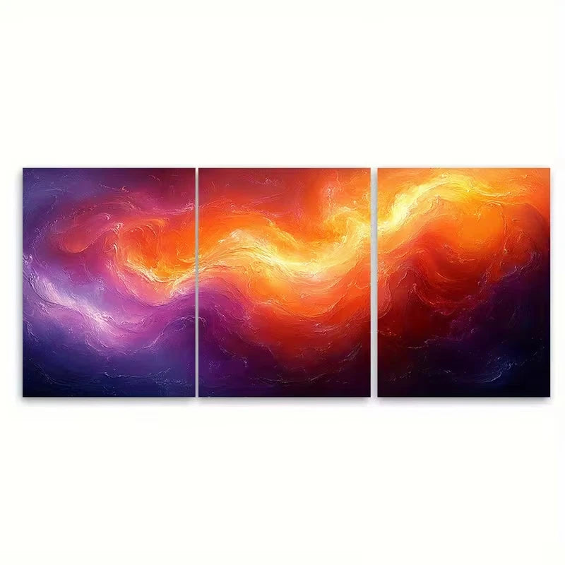 3pcs Abstract Swirling Orange and Purple Flowing Metal Print Ready to Hang Art
