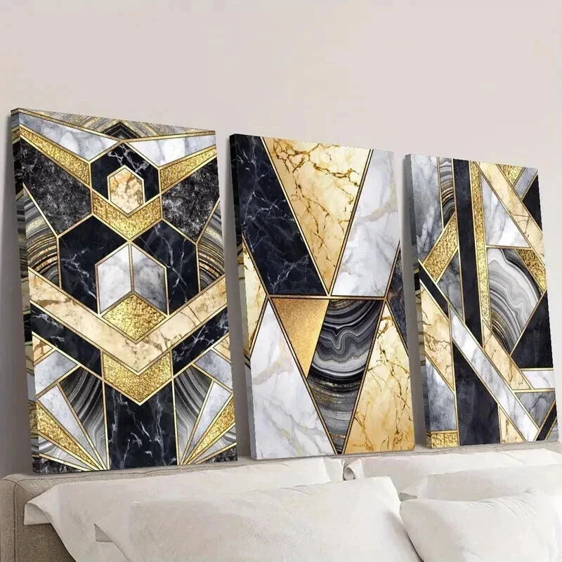 3pcs Marble Texture and Golden Geometric Wall Art Set Canvas Framed 40x60cm - High Quality Print 100% Australian Made Wall Canvas Ready to Hang