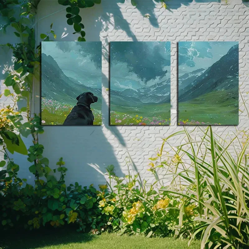 3pcs Charming Neon Rainbow Flowers & Puppy Metal Print Ready to Hang Art