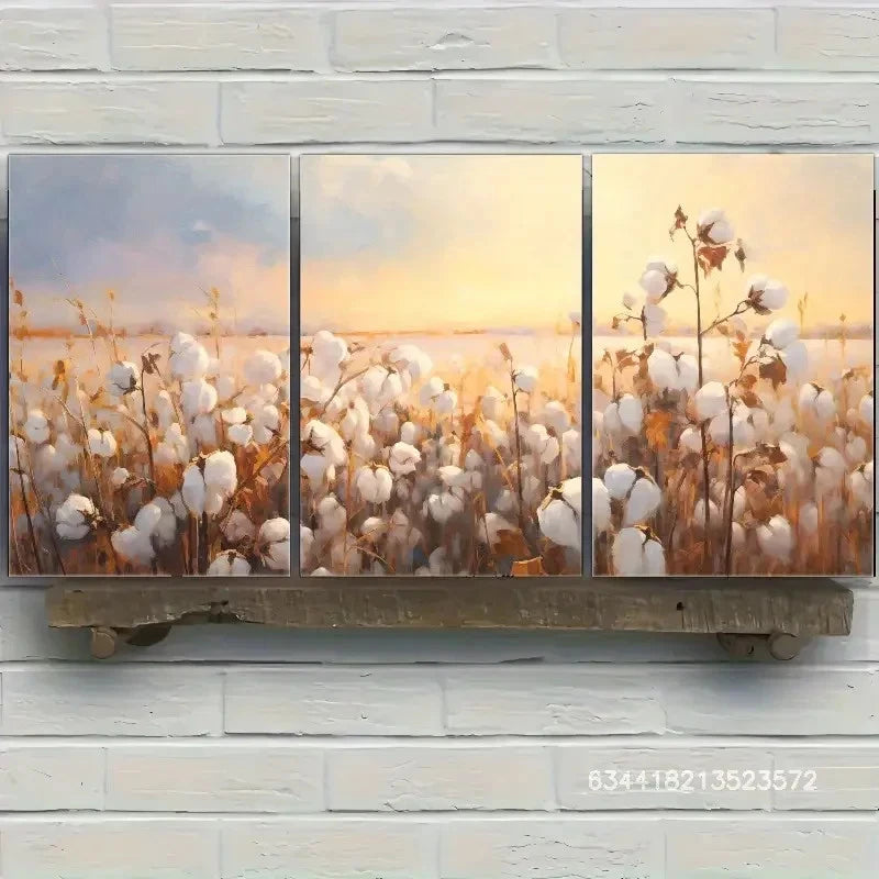 3pcs Serene Cotton Field Sunset Scenery Metal Print Ready to Hang Art
