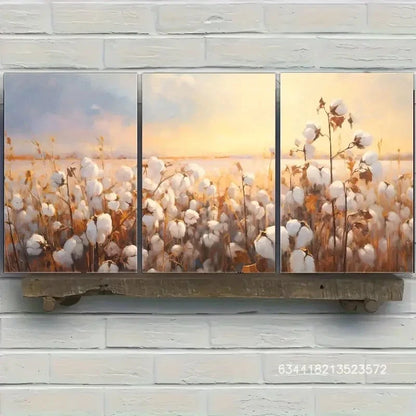 3pcs Serene Cotton Field Sunset Scenery Metal Print Ready to Hang Art