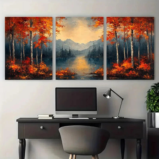 3pcs Abstract Forest with Mountain View Metal Print Ready to Hang Art