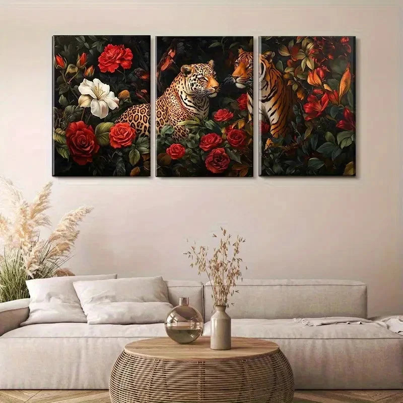 3pcs Jungle Animal and Rose, Ink Painting Metal Print Ready to Hang Art