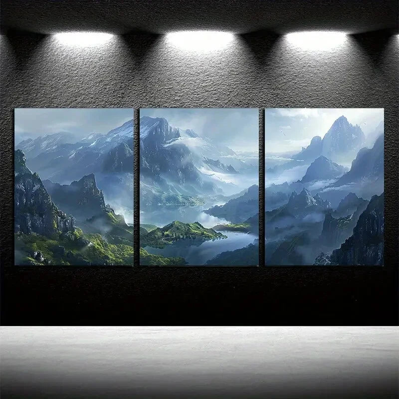 3pcs Mountain Peaks and Lake Surface Illustration Metal Print Ready to Hang Art