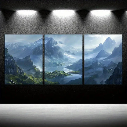 3pcs Mountain Peaks and Lake Surface Illustration Metal Print Ready to Hang Art