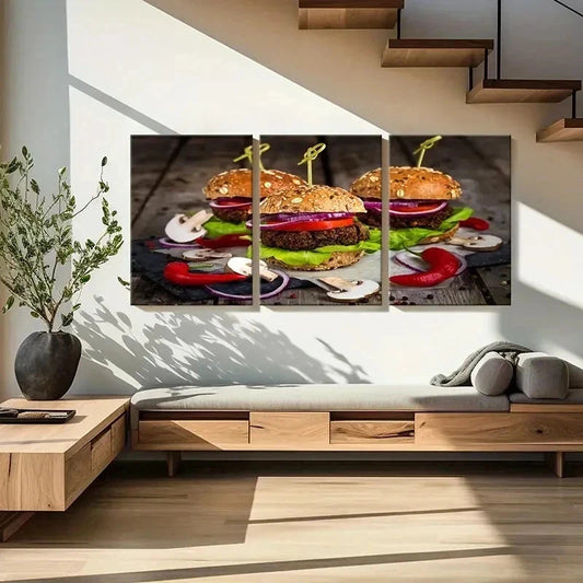 3pcs Burgers Modern Cooking Painting Wall Art Set Canvas Framed 40x60cm - High Quality Print 100% Australian Made Wall Canvas Ready to Hang