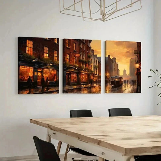 3pcs Retro Landscape Art Street Dusk Wall Art Set Canvas Framed 40x60cm - High Quality Print 100% Australian Made Wall Canvas Ready to Hang