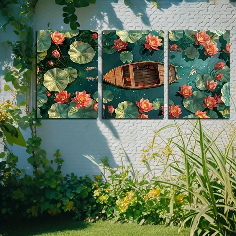 3pcs Vibrant Lotus Pond with Boat and fishes Metal Print Ready to Hang Art