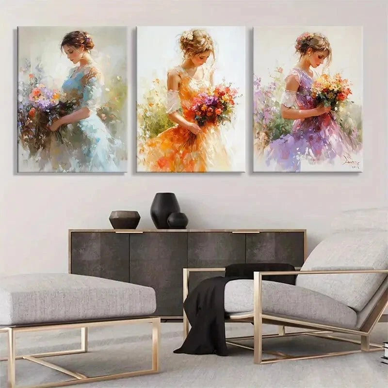 3pcs Elegant Flower Bright Bouquet Girl Perfect Wall Art Set Canvas Framed 40x60cm - High Quality Print 100% Australian Made Wall Canvas Ready to Hang
