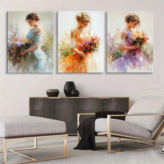 3pcs Elegant Flower Bright Bouquet Girl Perfect Wall Art Set Canvas Framed 40x60cm - High Quality Print 100% Australian Made Wall Canvas Ready to Hang