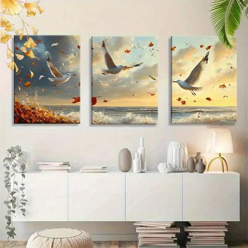 3pcs Seagulls Birds Soaring in the Golden Light Metal Print Ready to Hang Art