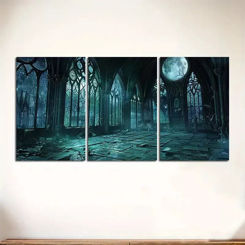 3pcs Gothic Backdrop with Dark Arched Windows Canvas Framed 40x60cm - High Quality Print 100% Australian Made Wall Canvas Ready to Hang