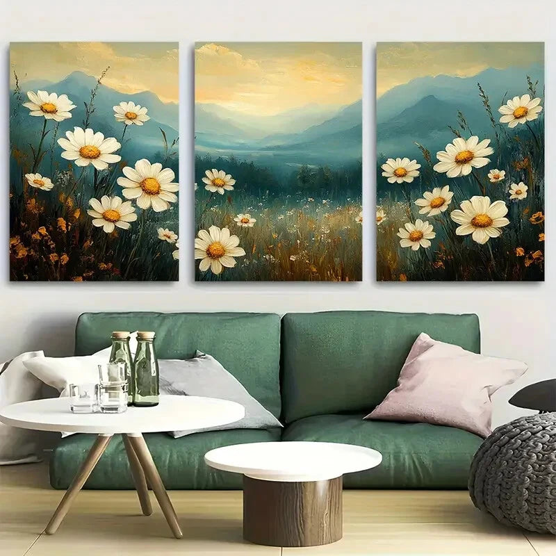 3pcs Rustic Daisy Meadow Country Charm Nature Metal Print Ready to Hang Art