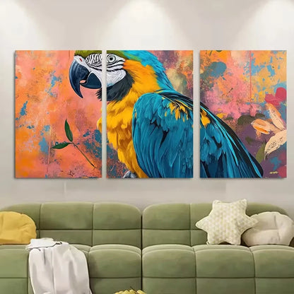 3pcs Vibrant Blue And Yellow Macaw Metal Print Ready to Hang Art