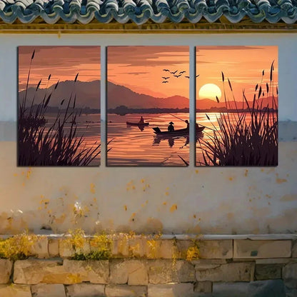 3pcs Serene Sunset Lake Scene with Fishing Boats Metal Print Ready to Hang Art