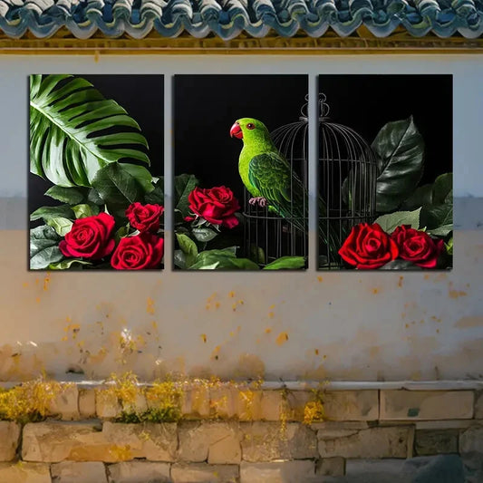 3pcs Vibrant Tropical Bird and Roses Illustration Metal Print Ready to Hang Art