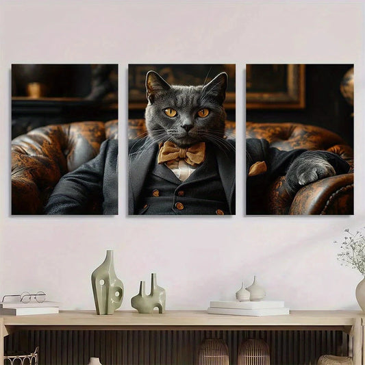 3pcs Whimsical Tuxedo Elegant Black & Golden Cat Metal Print Ready to Hang Art