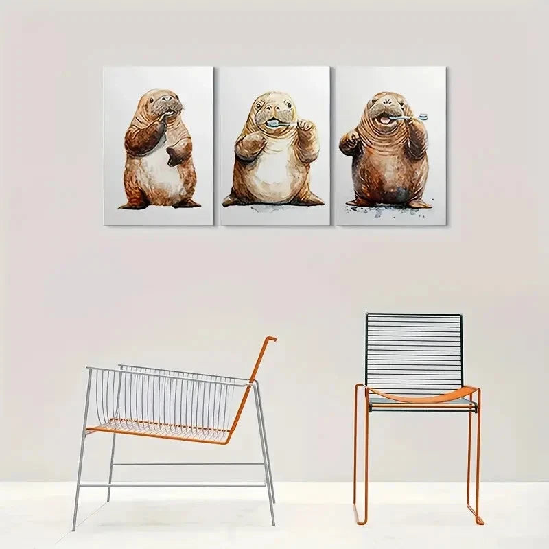 3pcs Adorable Otter Brushing Teeth Cute Animal Metal Print Ready to Hang Art