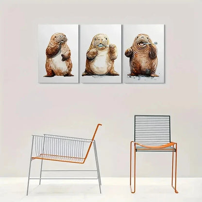 3pcs Adorable Otter Brushing Teeth Cute Animal Metal Print Ready to Hang Art