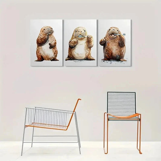 3pcs Adorable Otter Brushing Teeth Cute Animal Metal Print Ready to Hang Art