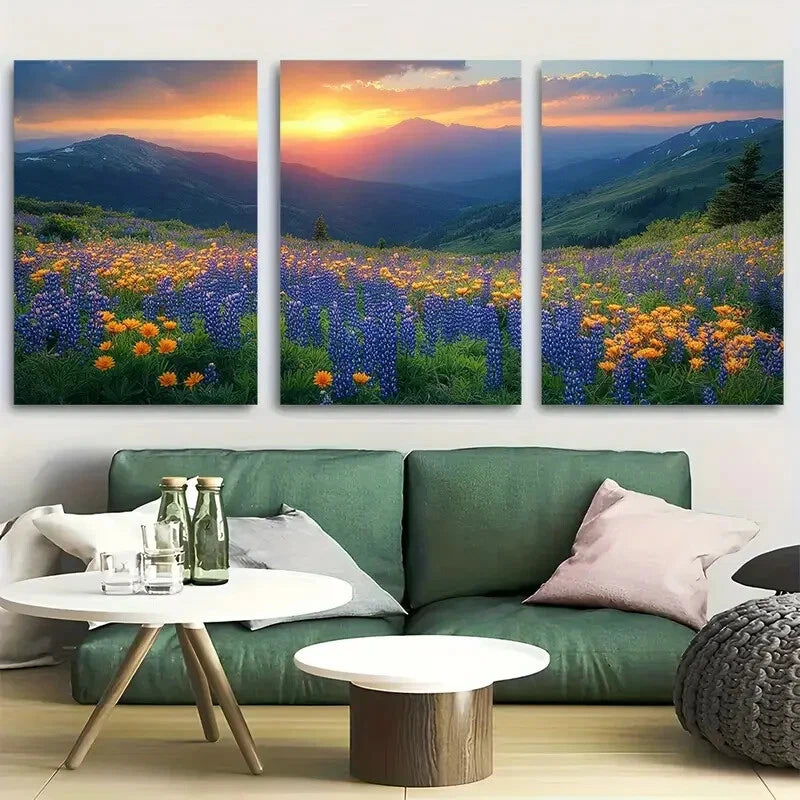 3pcs Misty Blue Peaks and Wildflowers in Valley Metal Print Ready to Hang Art