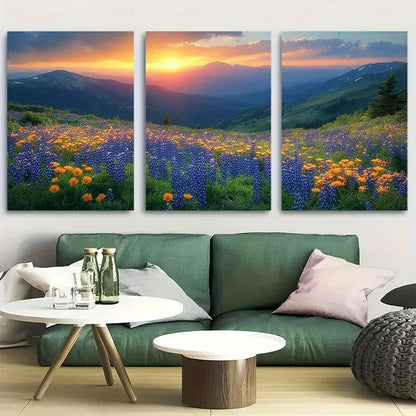 3pcs Misty Blue Peaks and Wildflowers in Valley Metal Print Ready to Hang Art