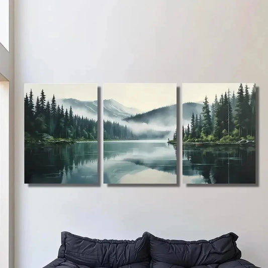 3pcs Serene Misty Forest & Tranquil Lake Metal Print Ready to Hang Art