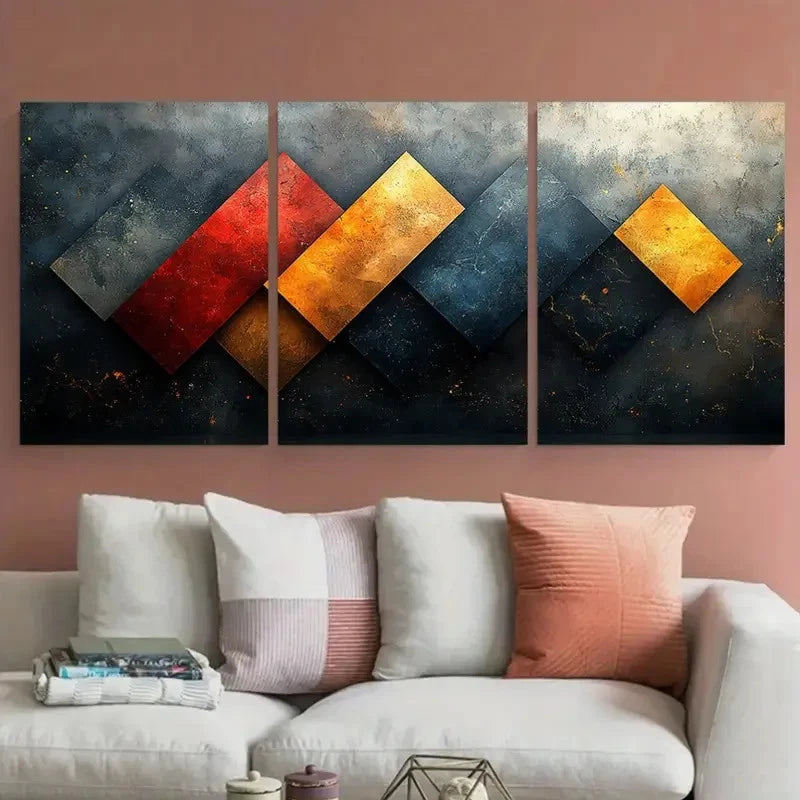 3pcs Geometric Marbled Angular Design Metal Print Ready to Hang Art