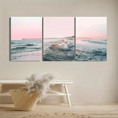 3pcs Soft Waves Pink Sky & Ocean Scenery Metal Print Ready to Hang Art