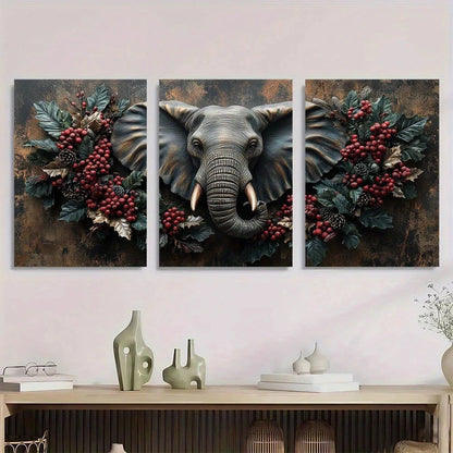 3pcs Elephant Wreath Design Animal Themed Metal Print Ready to Hang Art