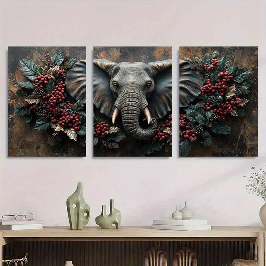 3pcs Elephant Wreath Design Animal Themed Metal Print Ready to Hang Art