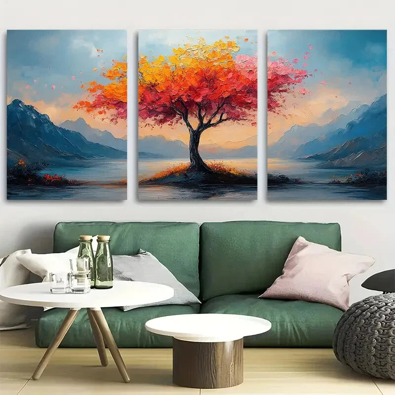 3pcs Abstract Pastel Tree with Mountain Scene Metal Print Ready to Hang Art