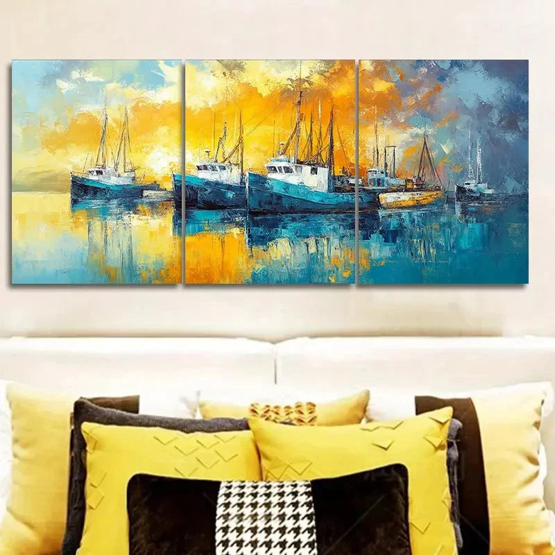 3pcs Featuring Boats at The Dock Artwork Metal Print Ready to Hang Art