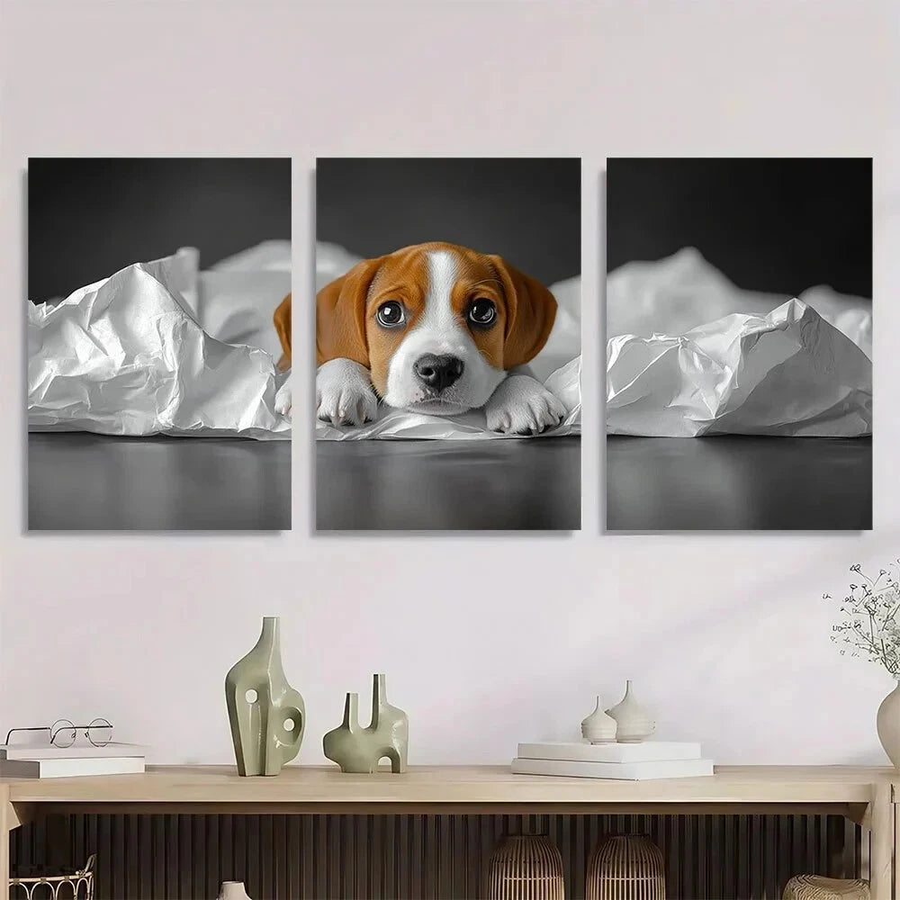 3pcs Funny Beagle Playful Dog Brown & White Metal Print Ready to Hang Art