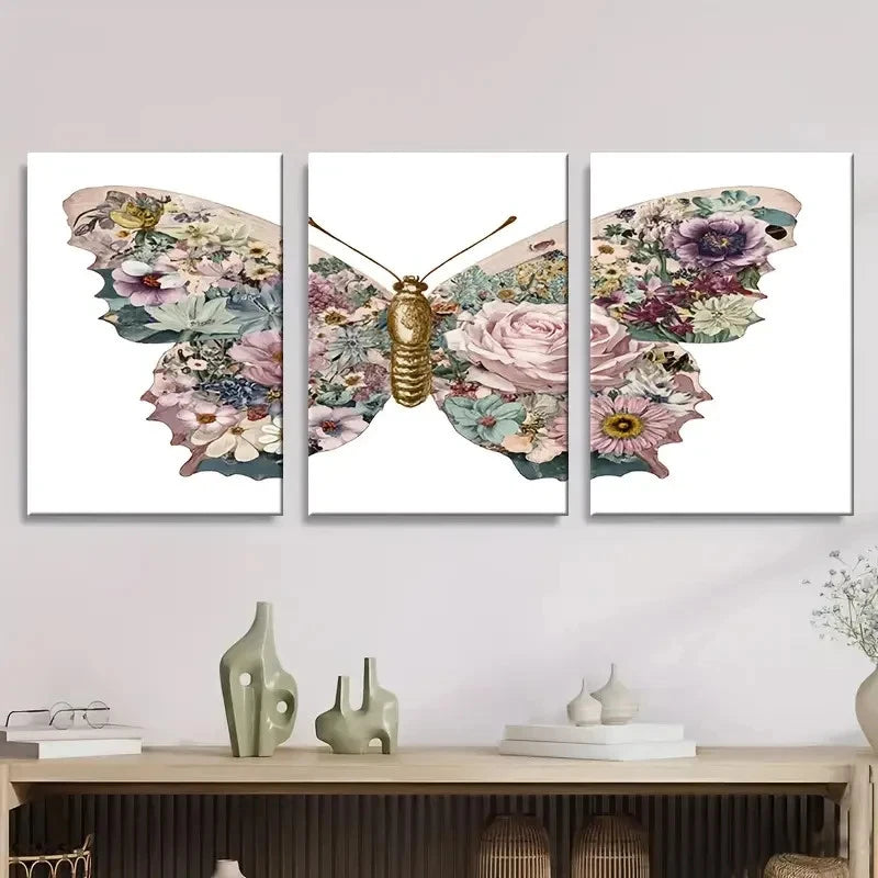3pcs Vintage Pastel Butterfly Spring Floral Wall Art Set Canvas Framed 50x70cm - High Quality Print 100% Australian Made Wall Canvas Ready to Hang