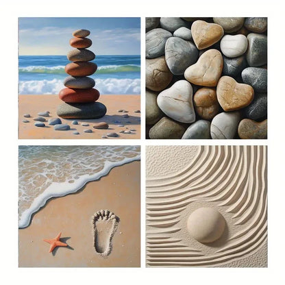 4pcs Vibrant Blue Sky & Ocean With Footprint Wall Art Canvas Framed